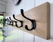 Vintage Style Wood Oak Coat Rack Victorian Cast Iron Black Hooks Handmade