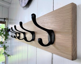 Vintage Style Wood Oak Coat Rack Victorian Cast Iron Black Hooks Handmade