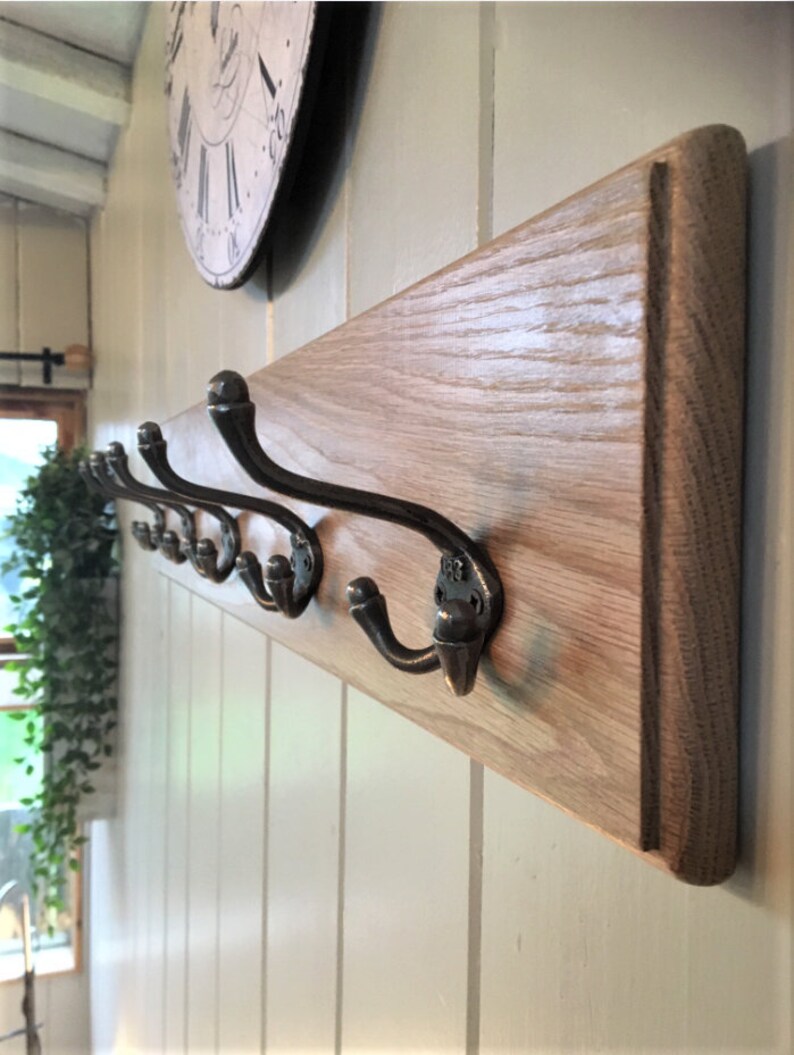 Vintage Style Wood Coat Rack Solid Oak Cast Iron Triple | Etsy