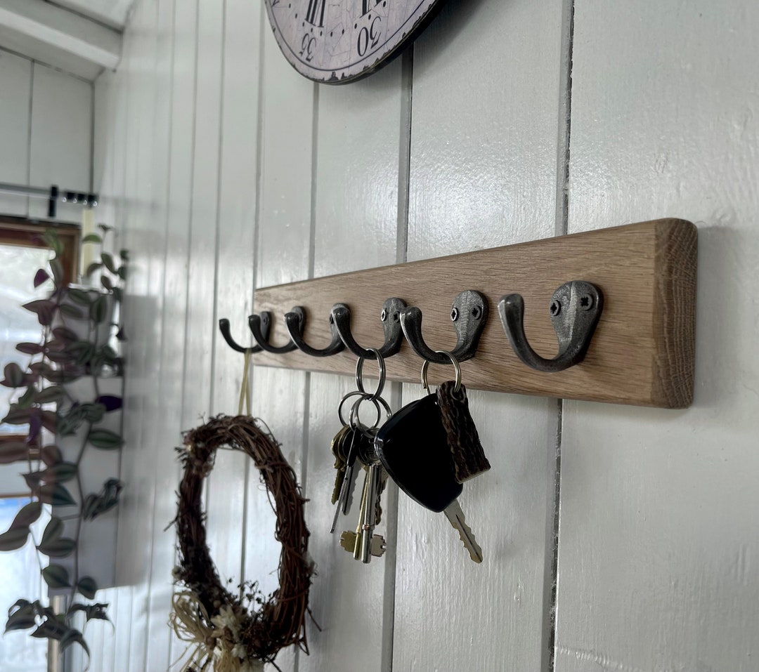 Key Racks Handmade Key Rack - Wooden Handmade Solid Oak - 4/5/6 Cast Iron Hooks - Etsy UK