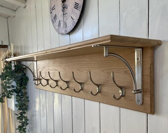 Coat Rack with Shelf large Chrome Victorian Hooks Country Cottage Solid Oak Handmade Contemporary