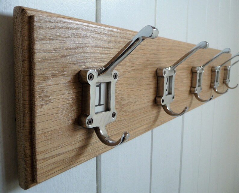 Vintage Style Solid Wood Oak Coat Rack Chrome School Hooks Etsy
