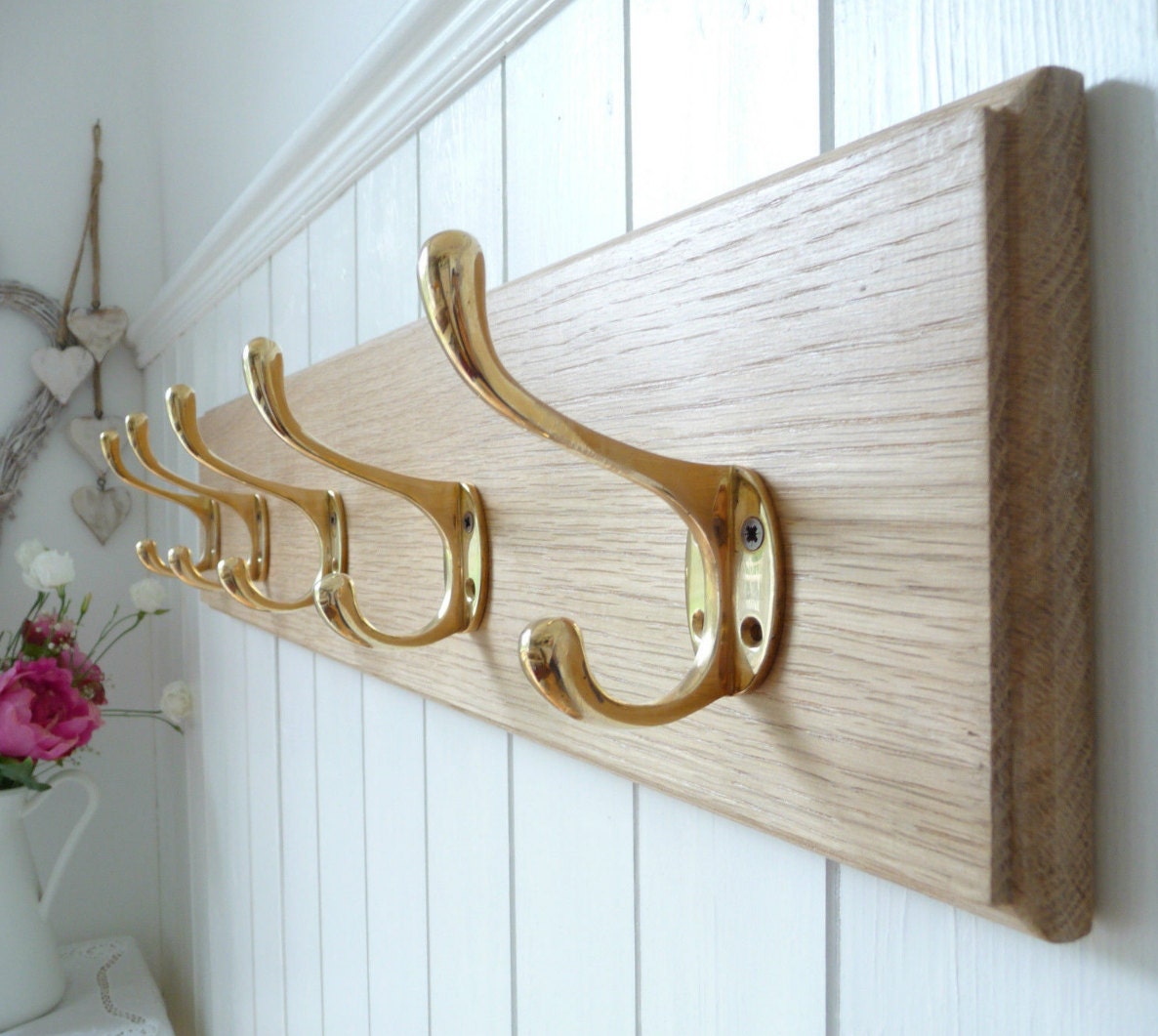 Vintage Style Wooden Oak Coat Rack Modern Solid Brass Hooks Etsy