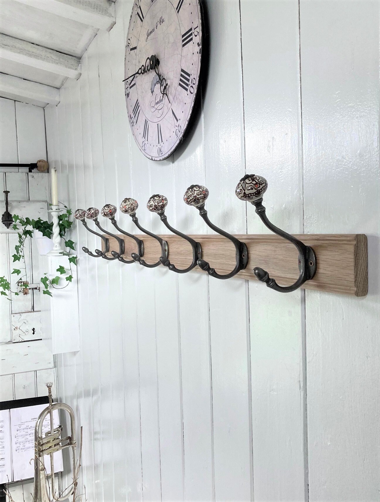 Vintage Style Solid Wood Oak Coat Rack Cast Iron Patterned Etsy