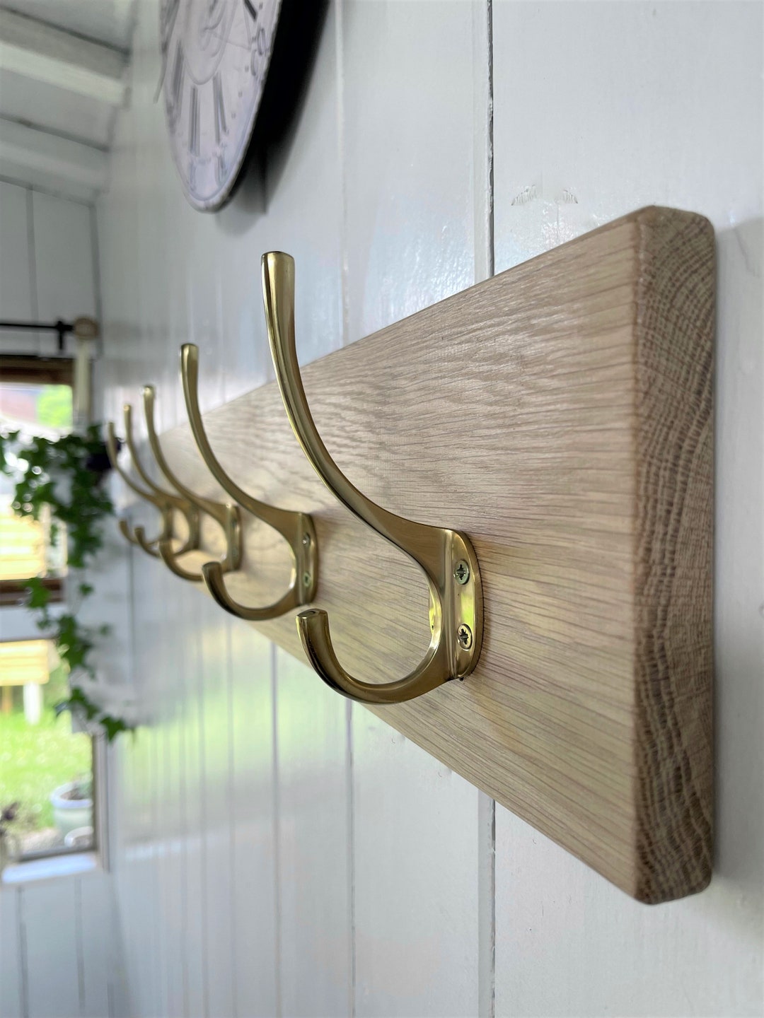 Vintage Style Wooden Oak Coat Rack Modern Brass Hooks