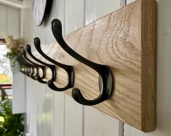Vintage Style Wood Oak Coat Rack Victorian Cast Iron (Not Black) Hooks Handmade