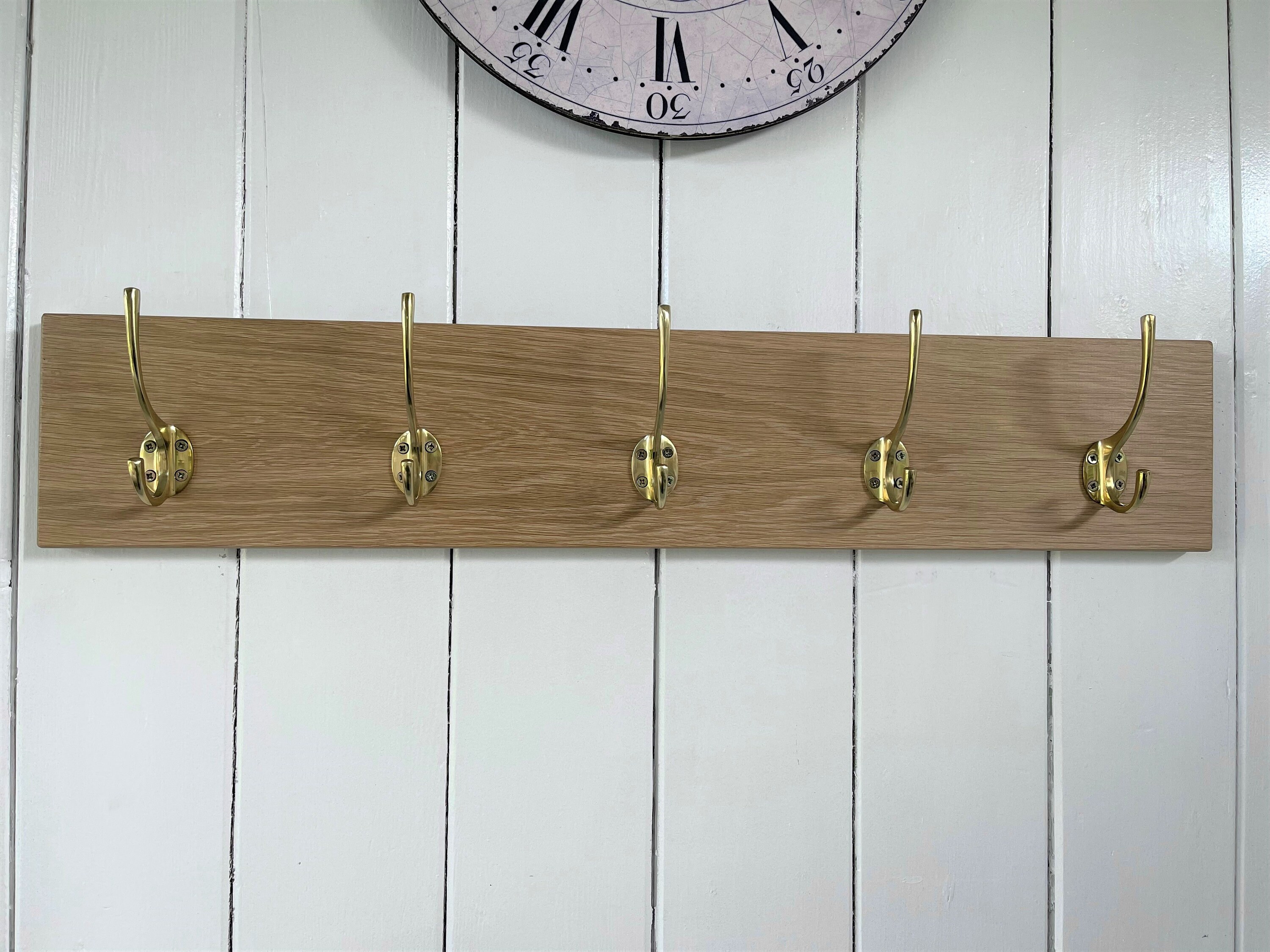 Vintage Style Wooden Oak Coat Rack Modern Brass Hooks - Etsy