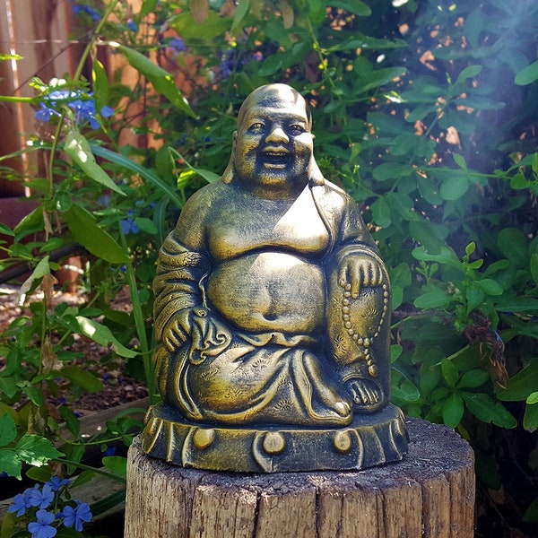 Buddha, Golden Buddha Statue, 7" inches Tall,  100% Solid Cement,  Laughing Buddha,  Garden Art, , Hotei Buddha, Oriental Art.