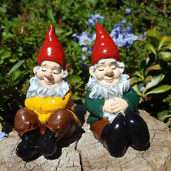 Set of Two Miniature Gnomes, Gnome Gardening Figurings, Fairy Garden Gnomes, 4 1/2 " Tall, 2 1/2" Wide, 100 % Cement, Hand Painted,