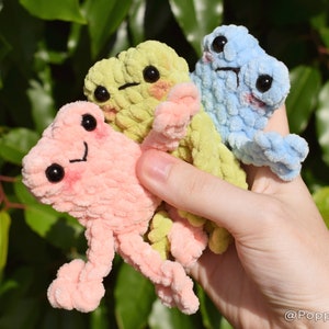 May include: Three small plush frog toys in pink, light green, and light blue. The frogs have embroidered eyes and mouths.