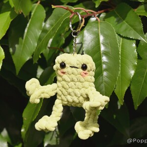 May include: A light green crocheted frog keychain with black eyes and pink cheeks. The frog is hanging from a silver keychain.