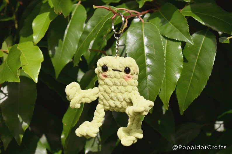 May include: A light green crocheted frog keychain with black eyes and pink cheeks. The frog is hanging from a silver keychain.