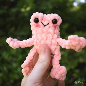 May include: A pink crocheted frog plush toy with black eyes and a smiling mouth. The frog is being held by a hand.