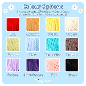 May include: A chart showing yarn colors available for purchase. The colors are red, orange, yellow, cream, green, blue, turquoise, brown, purple, dark purple, pink, and black.