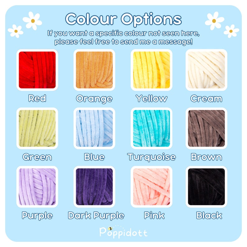 May include: A chart showing yarn colors available for purchase. The colors are red, orange, yellow, cream, green, blue, turquoise, brown, purple, dark purple, pink, and black.