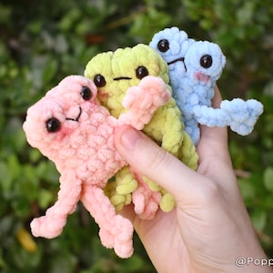 May include: Three small crocheted plush toys shaped like frogs in pink, green, and blue colors. The toys have large black eyes and are held in a hand.