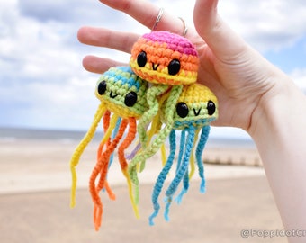 Crochet Rainbow Jellyfish Keyring - Handmade Plushie - Amigurumi - Jellyfish Gifts - Worry Pet - Anxiety Pal - Stuffed Animal - Desk Buddy