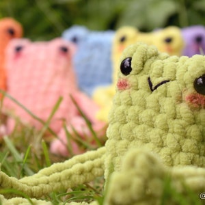 May include: A group of crocheted frog plushies in various colors, including green, pink, orange, blue, and yellow. The frogs are sitting in a bed of green grass.