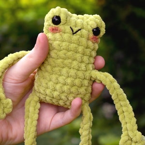 May include: A green crocheted frog plush toy with black eyes and pink cheeks. The frog has long arms and legs.