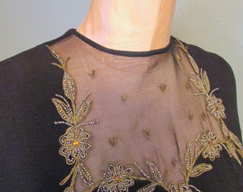 1940s Black Crepe Beaded Net Dress