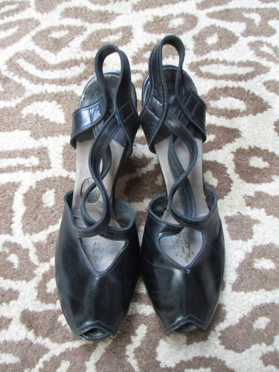 Vintage 1940s Ladies X Strap Heels - Black Leather
