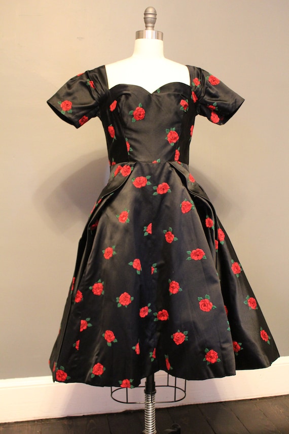 Italian Couture 1950s Silk Satin Velvet Roses Dres