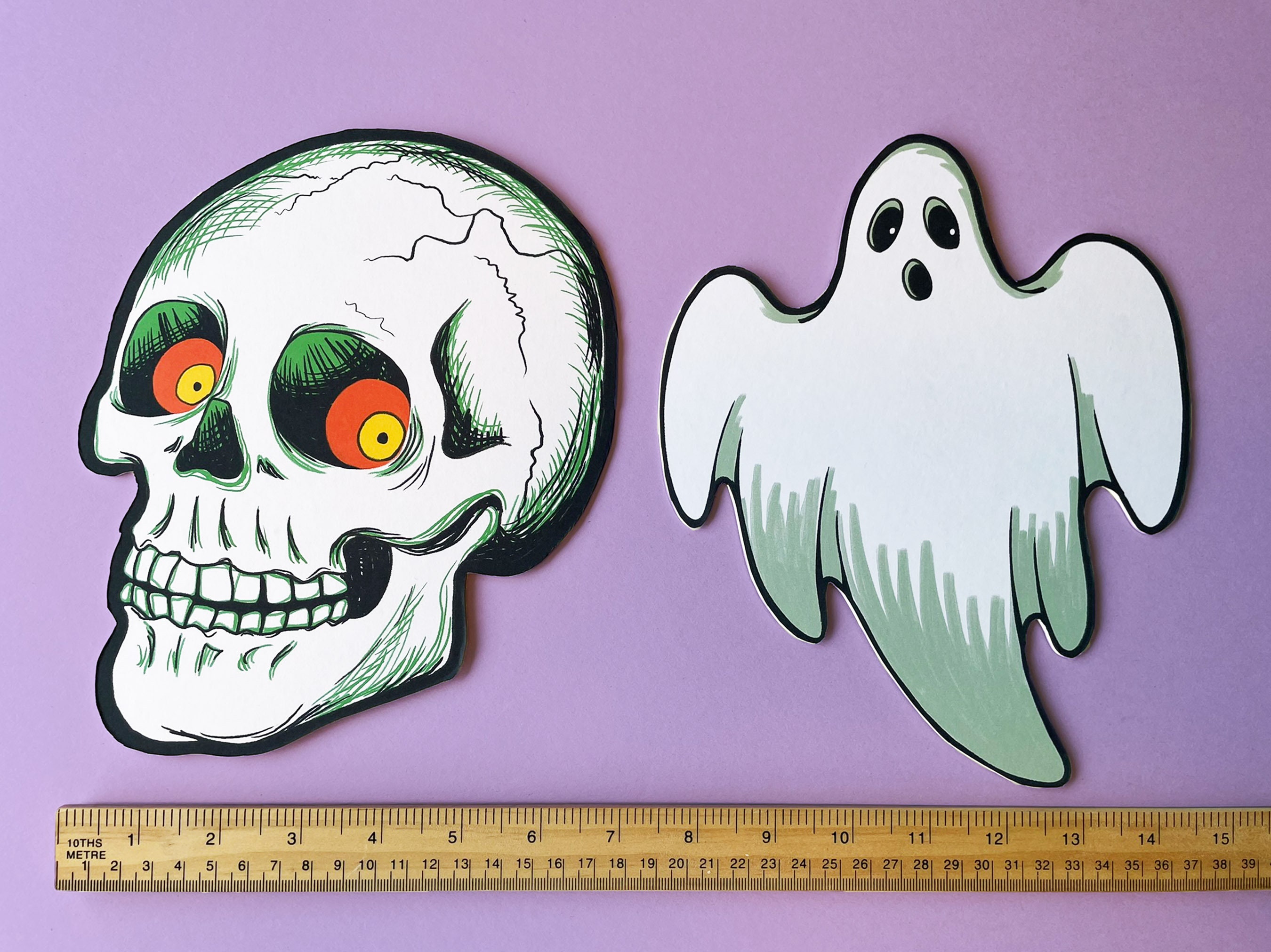 Vintage Halloween Cut Outs, Retro Decorations, Wall Art, Pumpkin Ghost Cat Skull Moon Bat Die