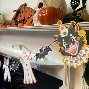 Vintage Halloween Circus Garland, Halloween decoration, bunting, clowns, cat, bat, ghost, pumpkin