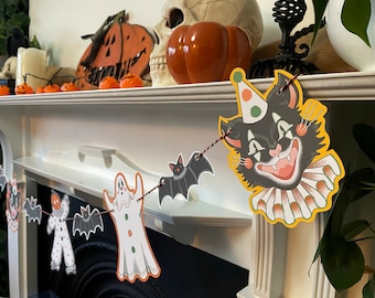Vintage Halloween Circus Garland, Halloween decoration, bunting, clowns, cat, bat, ghost, pumpkin
