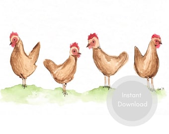 Happy Chickens Watercolor Digital Download