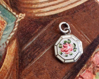 Octagonal Guilloche Rose Charm, Antique Guilloche Charm, Deco Rose Charm, Octagonal Enamel Charm, Delicate Antique Rose Charm