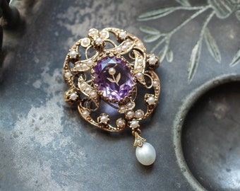 14k Rose of Sharon Amethyst Seed Pearl Pendant, Victorian Revival Amethyst Pendant, Rose of Sharon Pendant, Antique 14k Brooch Pendant