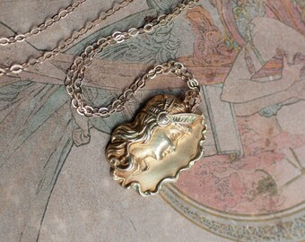 Art Nouveau Maiden Necklace, Antique Nouveau Maiden Necklace, Antique Conversion Necklace, Antique Woman Head Necklace, Alphonse Mucha Charm