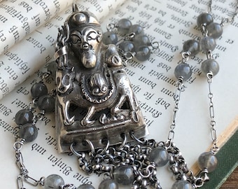 Antique Qing Dynasty Sterling Silver Labradorite Necklace, Chinese Export