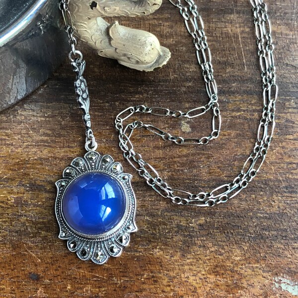 Art Deco Chalcedony Sterling Necklace, 1920's Sterling Chalcedony Necklace, Chalcedony & Marcasite Sterling Necklace, Antique Chalcedony
