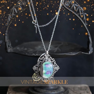 Whiting & Davis Necklace, Mother of Pearl Pendant, Silver Toned Baroque Setting, Iridescent MOP, Ornate Vintage Necklace, Statement Jewelry