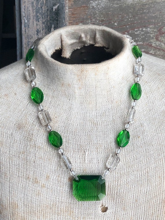 1920's Art Deco Green & Clear Glass Necklace, Art… - image 1