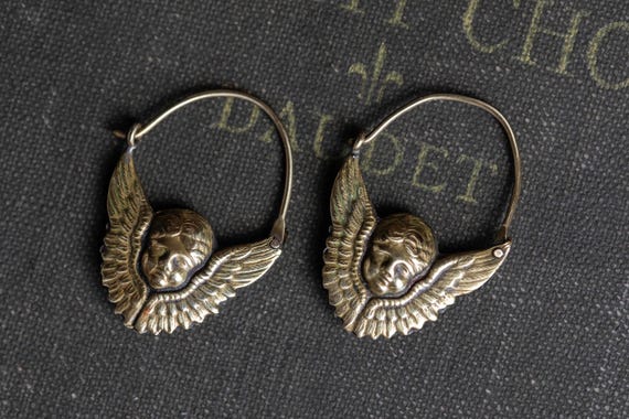 Vintage Laurel Burch Eros Cupid Hoop Earrings Brass Angel Wing Cherub Earrings Mythology Artisan Designer Jewelry View 4