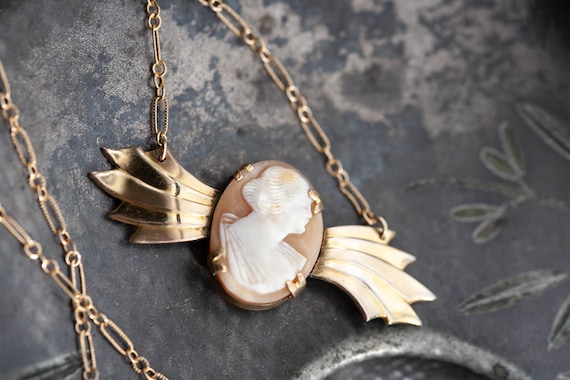 1940's Cameo Necklace, Retro Modern Gold Filled C… - image 1