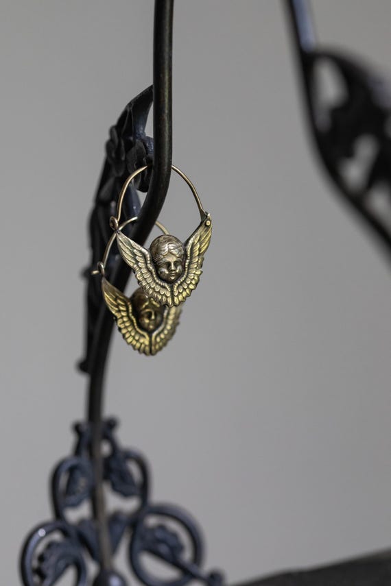 Vintage Laurel Burch Eros Cupid Hoop Earrings Brass Angel Wing Cherub Earrings Mythology Artisan Designer Jewelry View 5