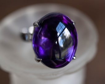 1970's HUGE 27ct Cabochon Amethyst Platinum Ring, Vintage Amethyst Platinum Cocktail Ring, Vintage Statement Platinum Ring