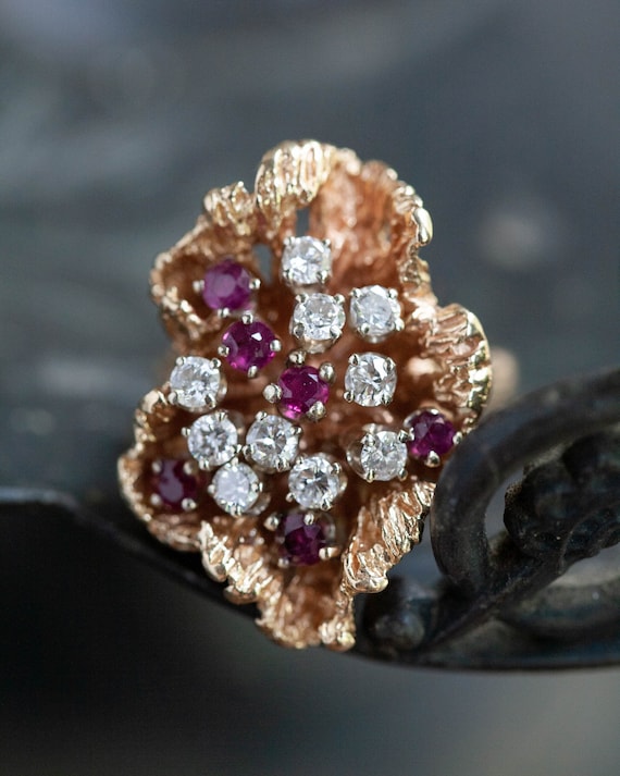 1980's Massive 14K Diamond and Ruby Cocktail Ring,