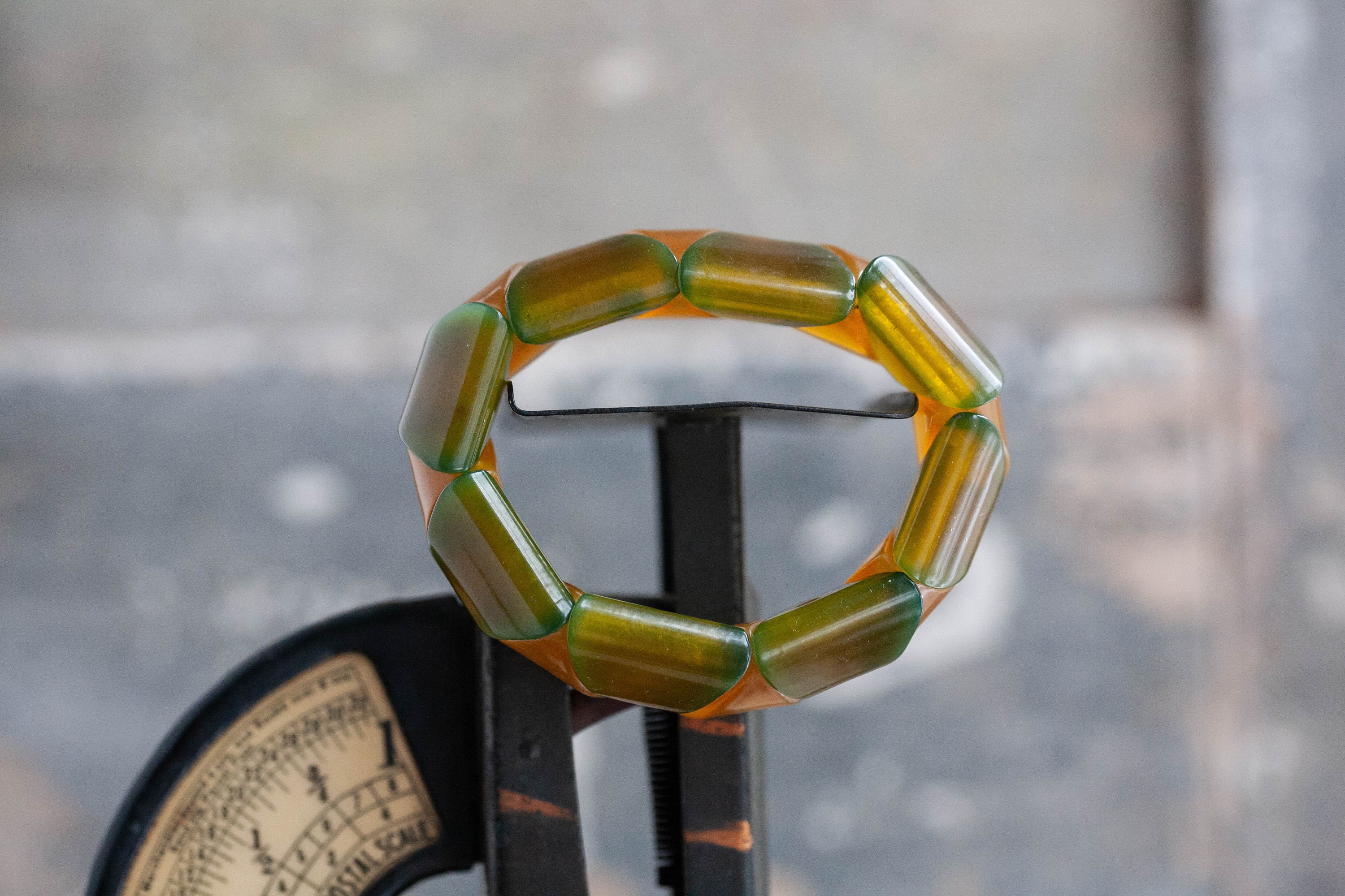 Prystal 1940's Apple Juice & Green Prystal Bakelite Bracelet, Vintage Triangle ...