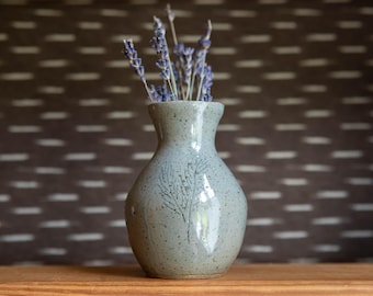 Signed 1981 Studio Pottery Vase, Speckled Sage Stoneware, Incised Botanical Tree, Vintage Handmade Ceramic Vase