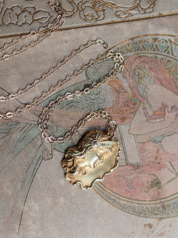 Art Nouveau Maiden Necklace, Antique Nouveau Maid… - image 1