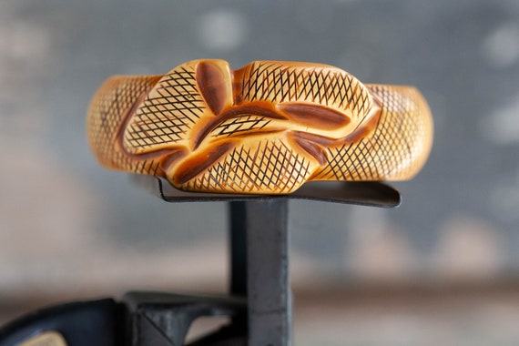Antique Carved Butterscotch Snake Bangle, Chunky … - image 1