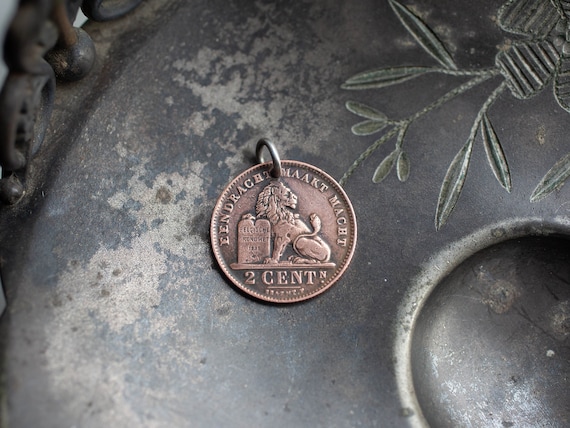 Leo Charm, 1910 Belgium Lion Coin, Antique Coin C… - image 1