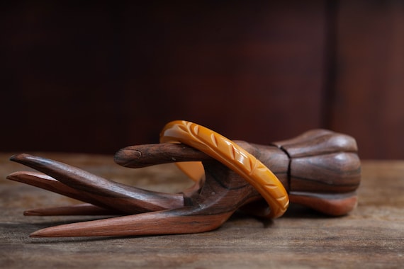 Butterscotch Carved Bakelite Bangle, Carved Branc… - image 1