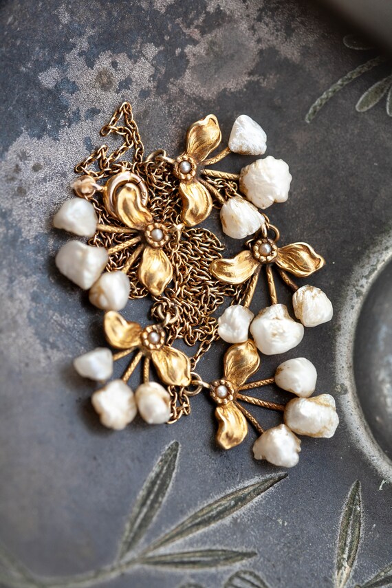 14K Art Nouveau Pearl Necklace, 14K Gold Natural … - image 5