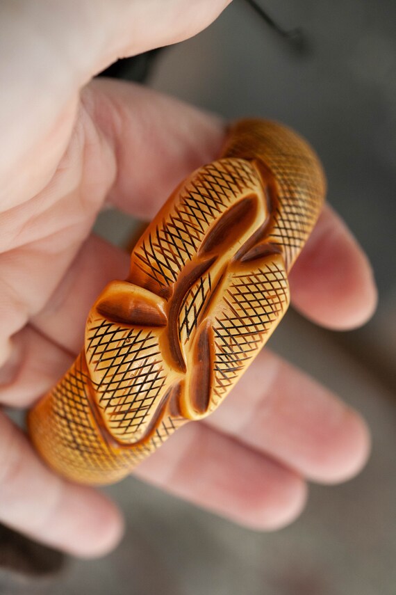 Antique Carved Butterscotch Snake Bangle, Chunky … - image 7